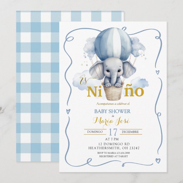 Invitación Es Nino Elephant Baby Shower Mexicano (Anverso / Reverso)
