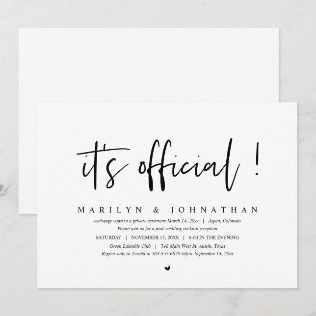 Invitación Es oficial, Boda Elopement Dinner y Fiesta (Anverso / Reverso)