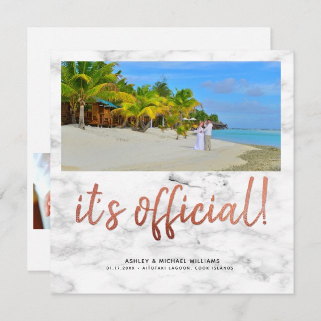 Invitación Es Oficial Cobre 4 Fotos Cuadrado Mármol Boda (Anverso / Reverso)