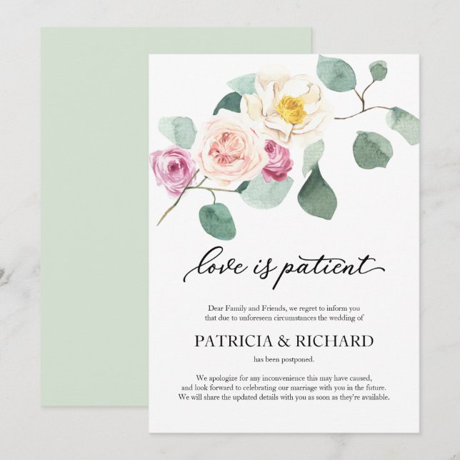 Invitación Es Paciente el Amor Postergación de Boda Eucalipto (Anverso / Reverso)