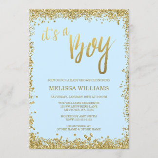 Invitación Es purpurina azul Baby Shower del oro del muchacho