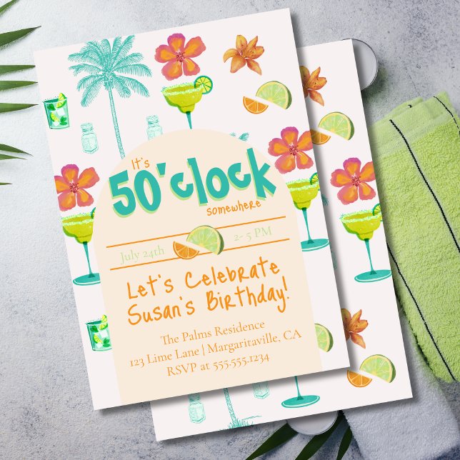 Invitación Es tema Fiesta de alguna parte a las 5 en punto (It's 50'clock Somewhere! Celebrate the occasion with this tropical green invite.)