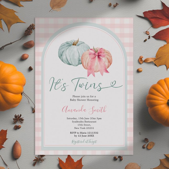 Invitación Es Twins Blue & Pink Pumpkin Gingham Baby Shower (Subido por el creador)