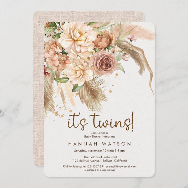 Invitación Es Twins boho pampas hierba bohemian bebé ducha (Anverso / Reverso)