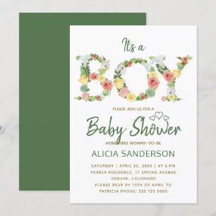 Invitación Es un alfabeto floral BOY escritura baby shower