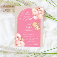 Es un arco de osito de peluche rosa de globos rosa