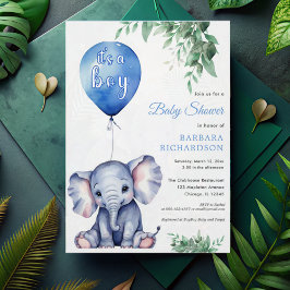 Invitación Es un Baby Shower azul de globo de niño elefante