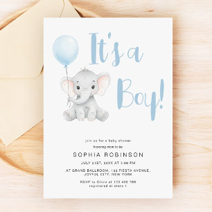 Invitación Es un Baby Shower azul para un elefante dulce