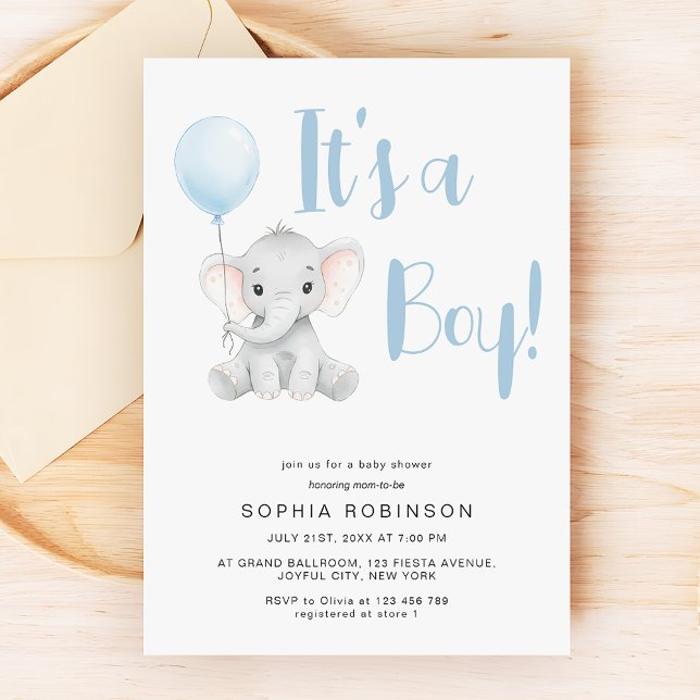 Invitación Es un Baby Shower azul para un elefante dulce (Subido por el creador)