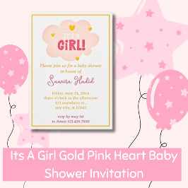 Invitación Es Un Baby Shower Chica De Corazón Rosa De Oro