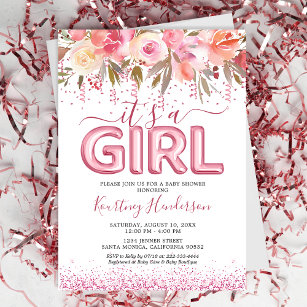 Invitación Es un Baby Shower Chica de flores rosadas