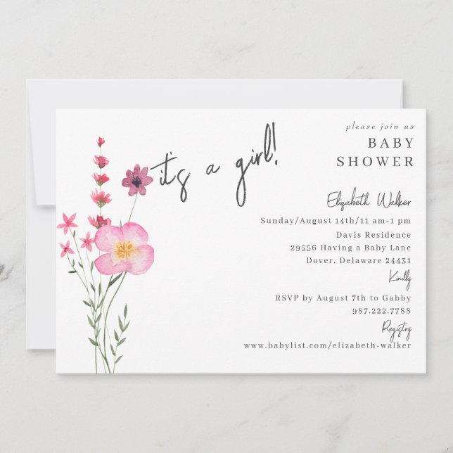 Invitación Es un Baby Shower Chica de flores silvestres rosas (Anverso)