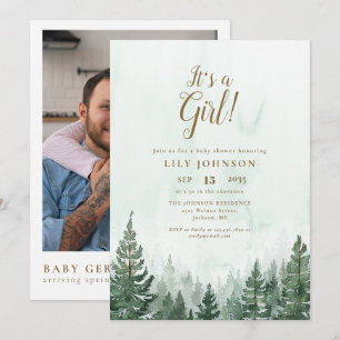 Invitación Es un Baby Shower Chica de foto de bosque de pinos