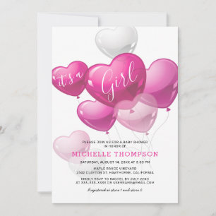 Invitación Es un Baby Shower con globo de corazón Chica