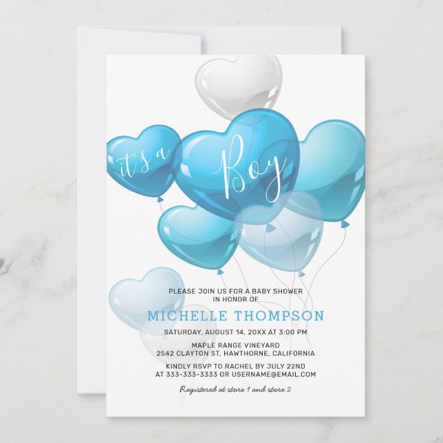 Invitación Es un Baby Shower con globo de corazón de niño (Anverso)