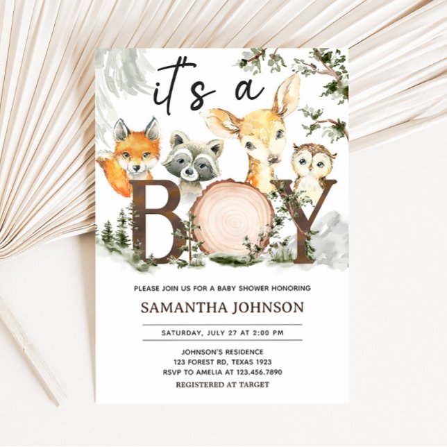 Invitación Es un Baby Shower de animales de Boy Woodland (Woodland Forest Baby Shower Invitation)