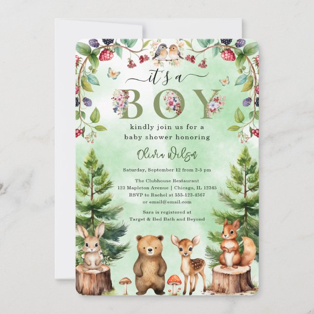 Invitación Es un Baby Shower de animales de Boy Woodland (Anverso)