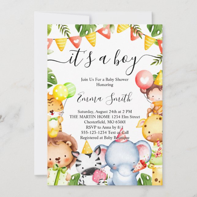 Invitación Es un Baby Shower de animales salvajes de la jungl (Anverso)