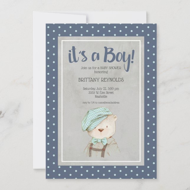 Invitación Es un Baby Shower de Boy Blue Teddy Bear (Anverso)