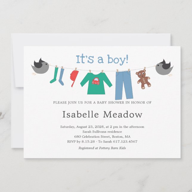 Invitación Es un Baby Shower de Boy Clothesline (Anverso)