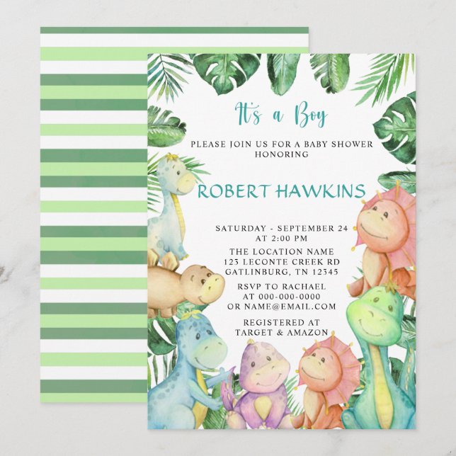 Invitación Es un Baby Shower de Boy Dinosaur (Anverso / Reverso)