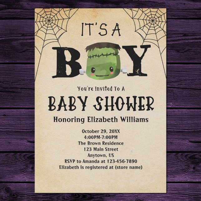 Invitación Es un Baby Shower de Boy Frankenstein Halloween (Front)