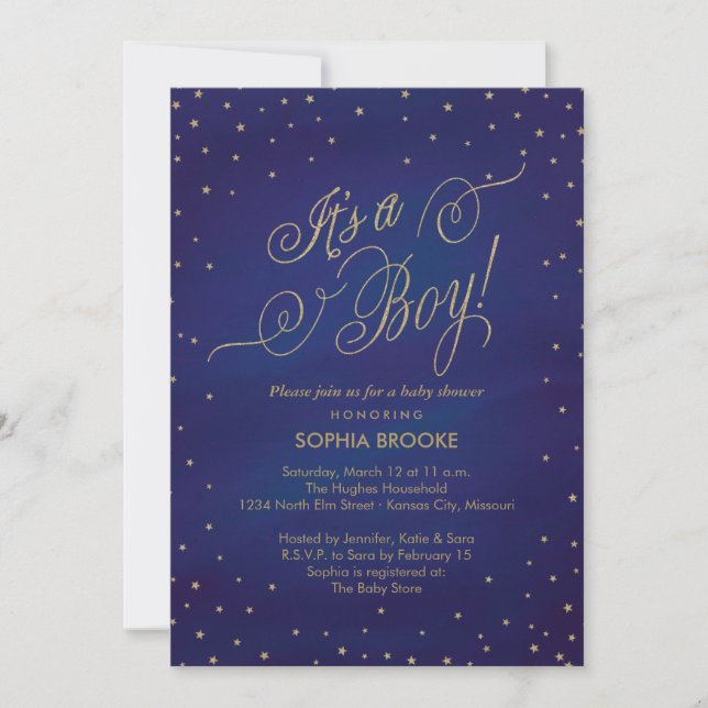 Invitación Es un Baby Shower de Boy Gold Stars & Night Sky (Anverso)