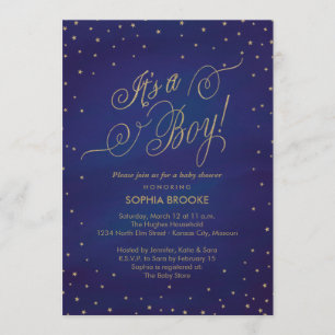 Invitación Es un Baby Shower de Boy Gold Stars & Night Sky