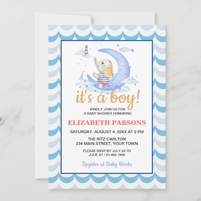 Invitación Es un Baby Shower de Boy Nautical Moon (Anverso)