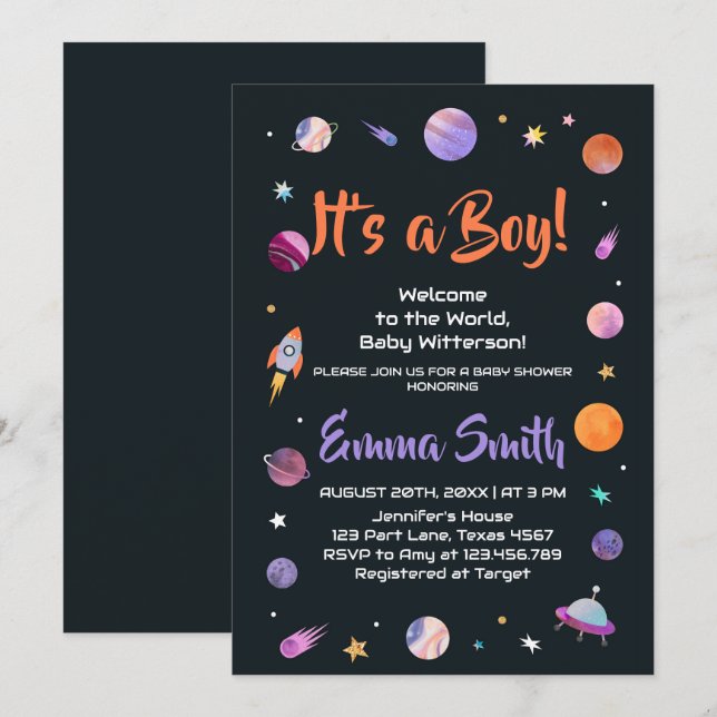 Invitación Es un Baby Shower de Boy Planets (Anverso / Reverso)