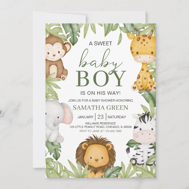 Invitación Es un Baby Shower de Boy Safari (Anverso)