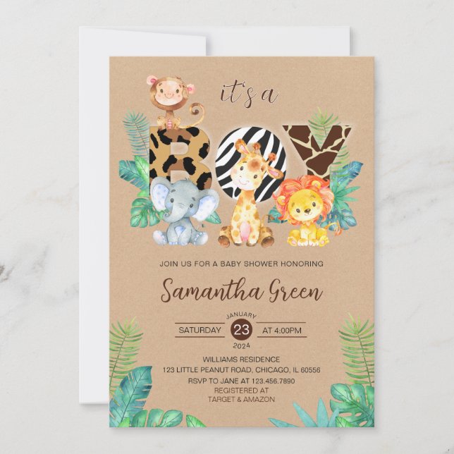 Invitación Es un Baby Shower de boy Safari Jungle (Anverso)