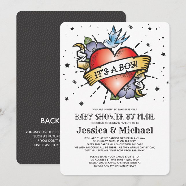 Invitación Es un Baby Shower de Boy Tattoo Heart por correo (Anverso / Reverso)