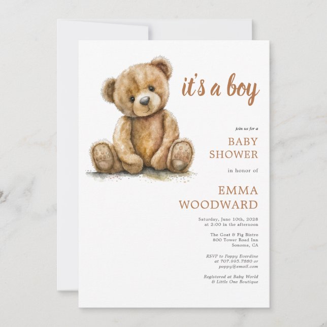 Invitación Es un Baby Shower de Boy Teddy Bear (Anverso)