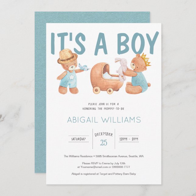 Invitación Es un Baby Shower de Boy Teddy Bear (Anverso / Reverso)