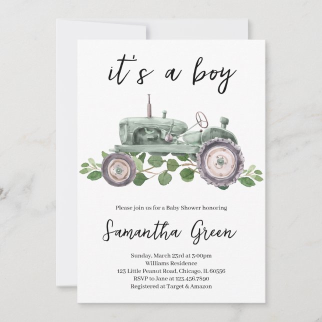 Invitación Es un Baby Shower de Boy Tractor (Anverso)
