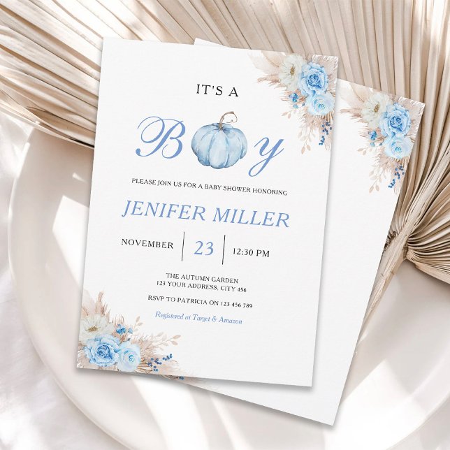 Invitación Es un Baby Shower de calabaza azul de niño (Subido por el creador)