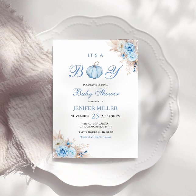 Invitación Es un Baby Shower de calabaza azul de niño (Subido por el creador)