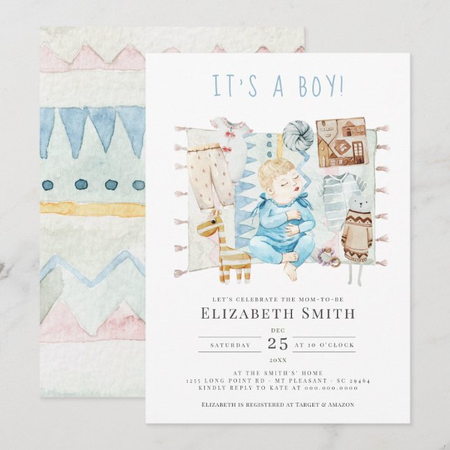 Invitación Es un Baby Shower de color azul de niño bebé (Anverso / Reverso)