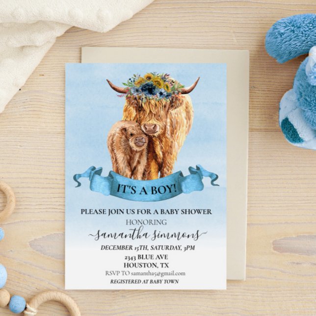 Invitación Es un Baby Shower de cría de vaca Blue Highland (Subido por el creador)
