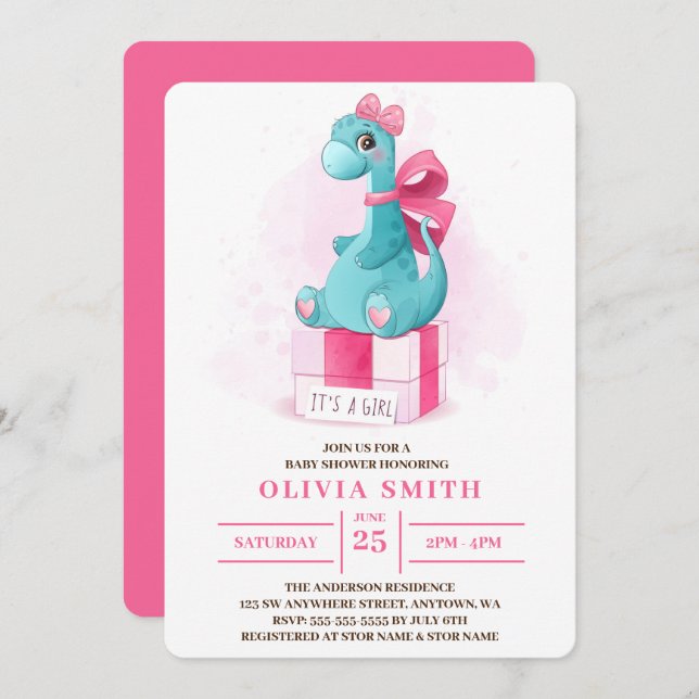 Invitación Es un Baby Shower de dinosaurios Chicas (Anverso / Reverso)