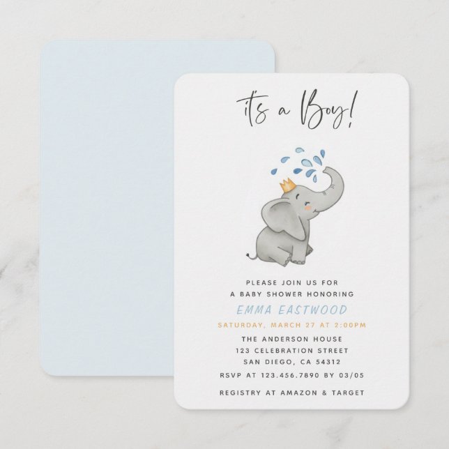 Invitación Es un Baby Shower de Elefante Adorable para Niños (Anverso / Reverso)