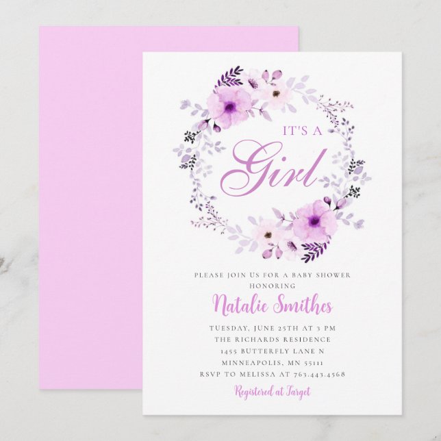Invitación Es Un Baby Shower De Floral Púrpura De Acuarela Ch (Anverso / Reverso)