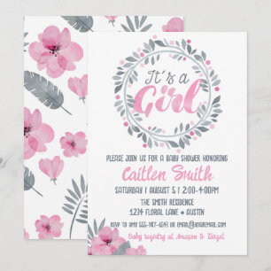Invitación Es un Baby Shower de flores grisáceas rosadas Chic