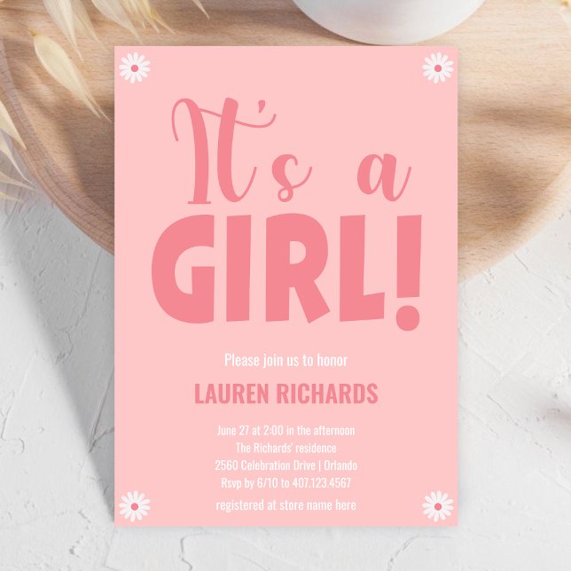 Invitación Es un Baby Shower de flores pequeñas rosadas y Chi (Subido por el creador)