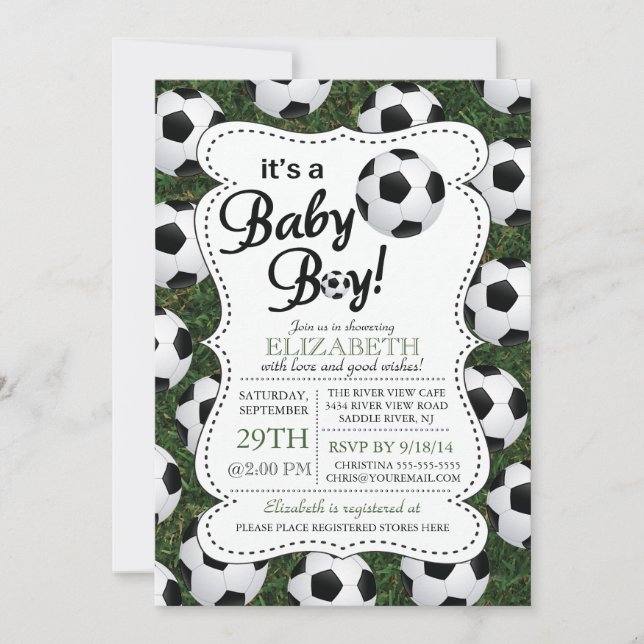 Invitación Es un Baby Shower de fútbol de niño pequeño (Anverso)