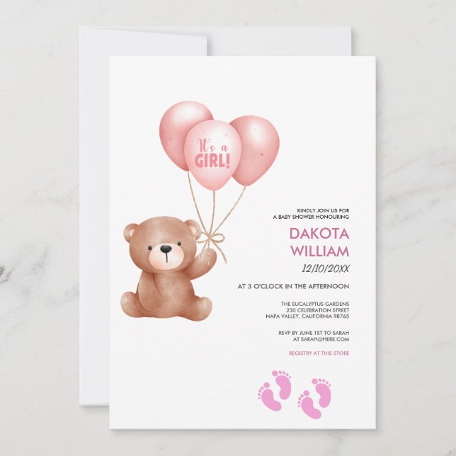 Invitación Es Un Baby Shower De Globo De Oso De Teddy Chica (Anverso)