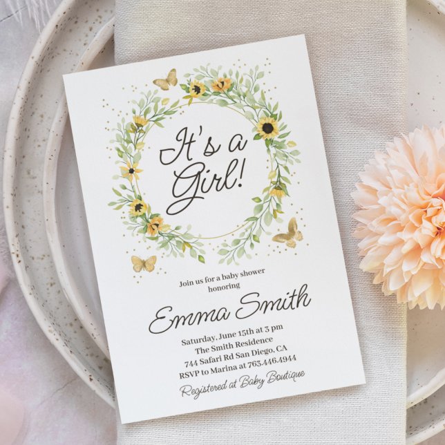 Invitación Es un Baby Shower de guirnaldas de girasol Chica (Subido por el creador)