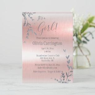Invitación Es un Baby Shower de hojas de plata rosada metálic