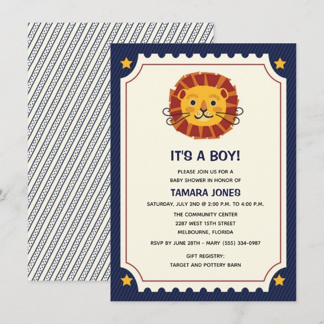 Invitación Es un Baby Shower de león de safari de boy Jungle (Anverso / Reverso)
